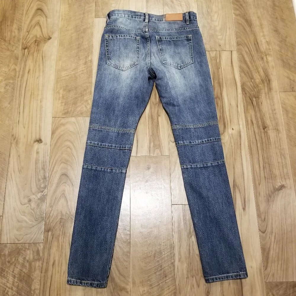 Crysp Denim Men Moto Biker Jeans Size 30 Blue Cotton Ribbed Pleated Panel Slim